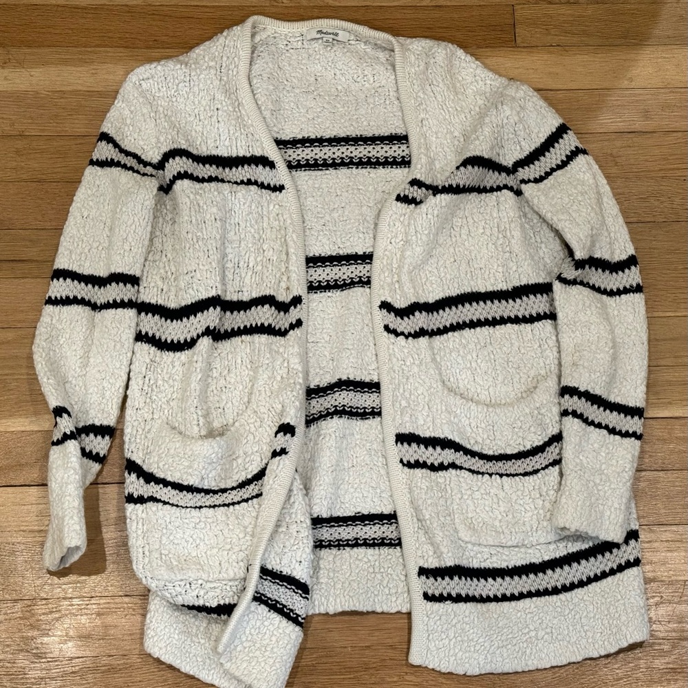 Madewell Striped Boucle Cardigan Sweater Size XS Ivory Wool Blend Open Front